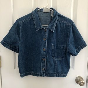 Short Sleeve Button Down Denim Crop Top Size L